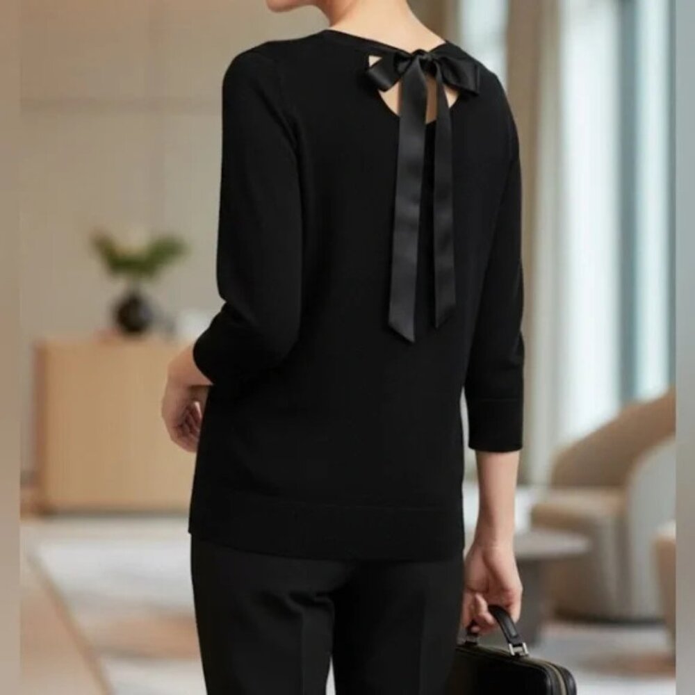 WHBM White House Black Market silk sweater back tie black